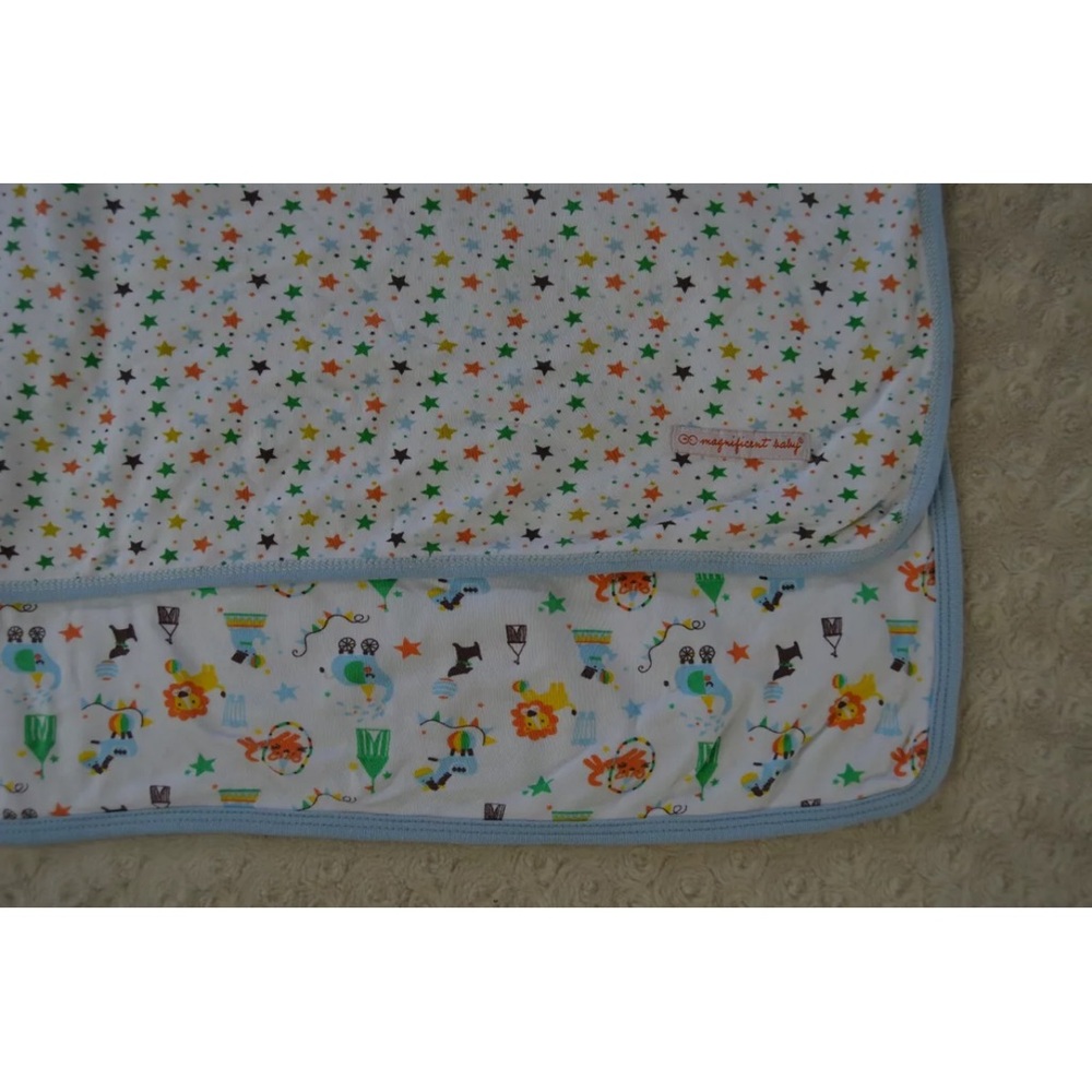 Magnificent Baby Circus Animal Blanket Star White Blue Lion Elephant Tiger Dog